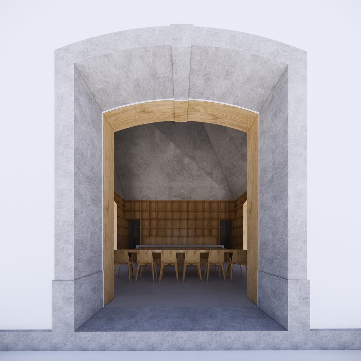 3D rendering of the stone-framed arched doorway revealing wooden shelving and a dining table inside