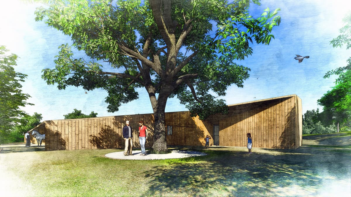 Sketch-style rendering of the timber-clad horse stable beside a large tree, with people and a horse