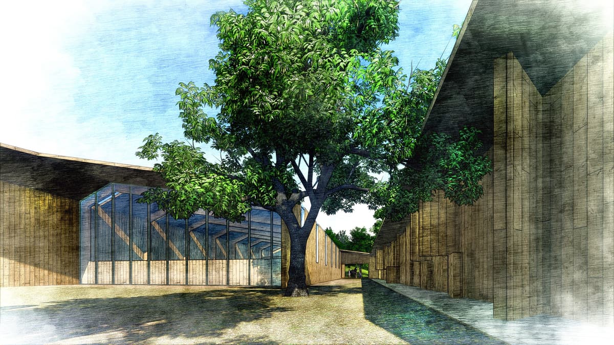 Sketch-style rendering of the stable courtyard with a large tree between timber-clad wings and a glazed arena