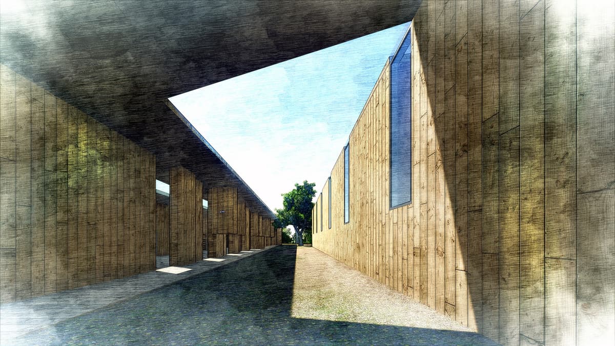 Sketch-style rendering of a covered timber passage between stable wings, opening to a tree beyond