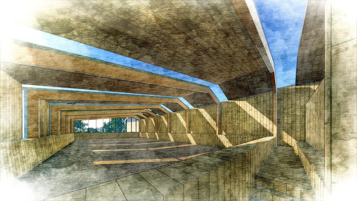 Sketch-style interior rendering of the roofed training area, a wood structure with skylights and natural light