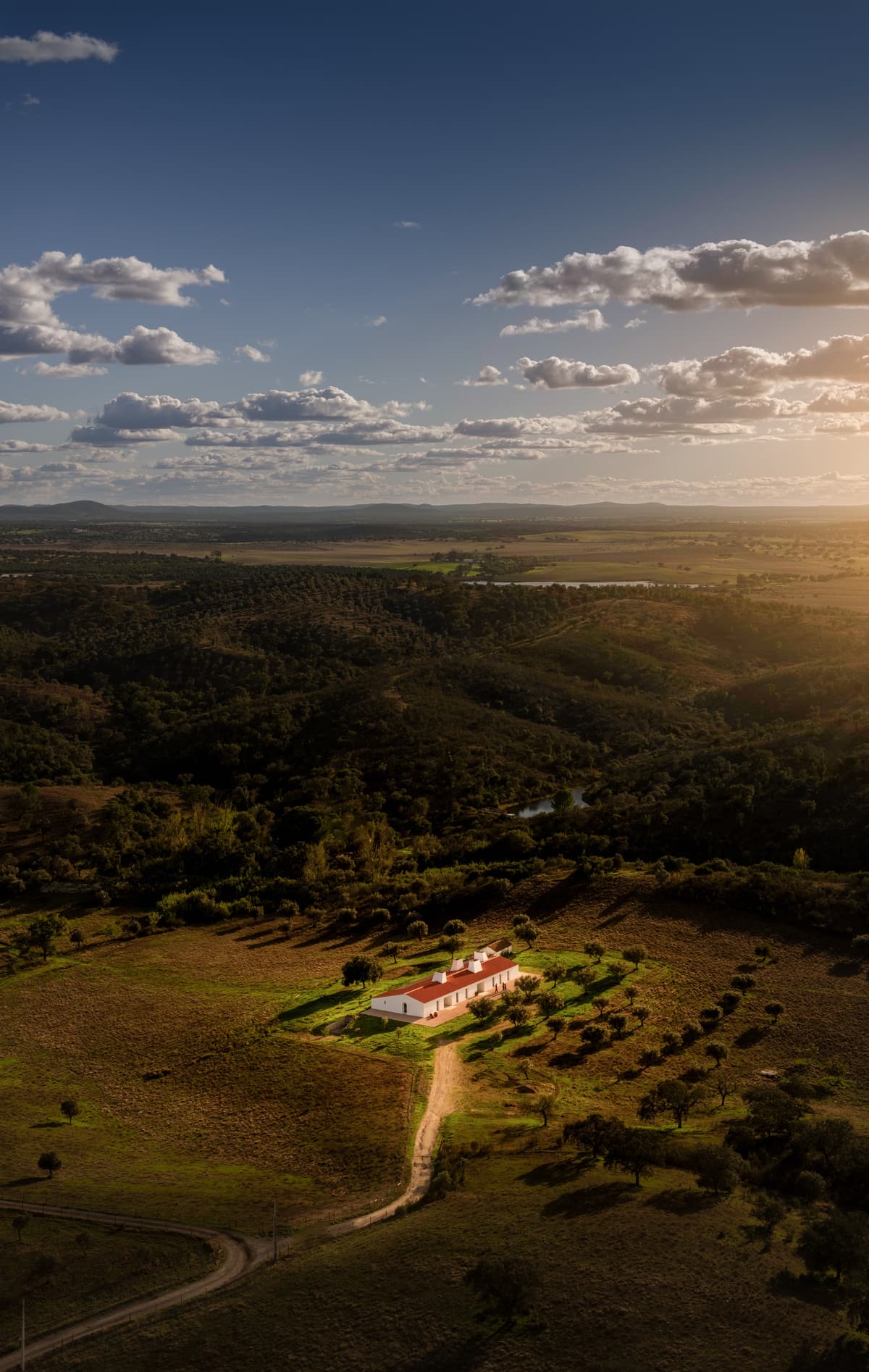Aerial view of the Monte Alvo house, a white single-storey building with red tile roof among trees at sunset