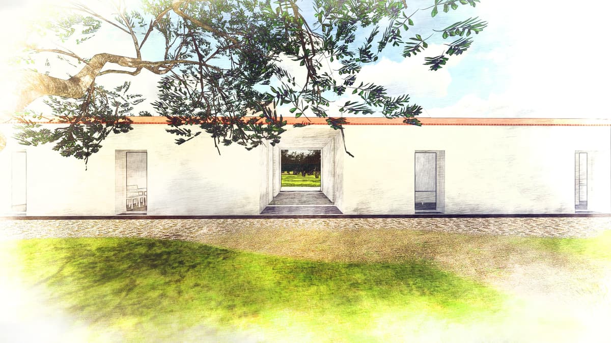Sketch-style rendering of the whitewashed facade with a central passage framing an olive grove