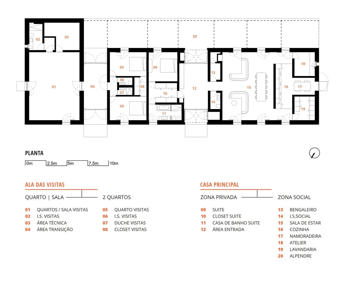 Floor plan of the Monte Alvo house showing the guest wing and main house, with room legend in Portuguese