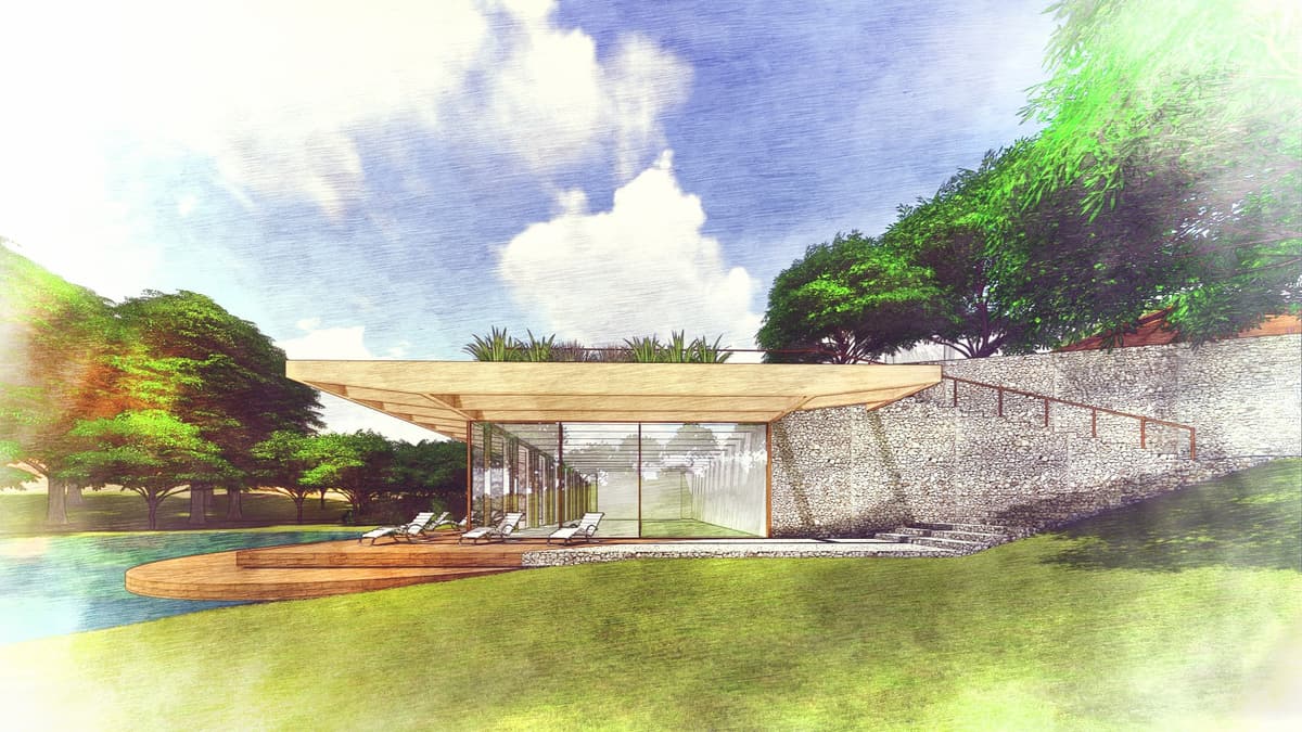 Watercolour-style rendering of the indoor pool pavilion with glazed walls, timber roof and stone retaining wall