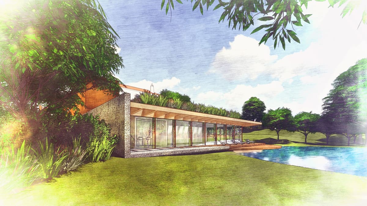 Watercolour-style rendering of the glazed pool pavilion with a green roof, beside water and a lawn