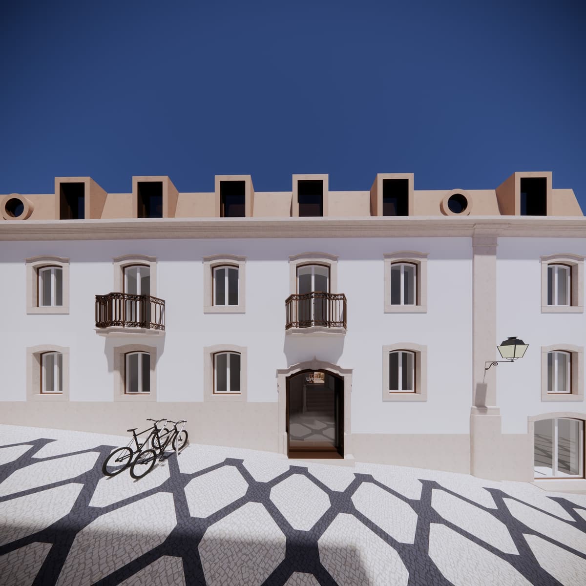 3D rendering of the Manufatura building facade in Cascais, white walls, stone frames and new rooftop dormers