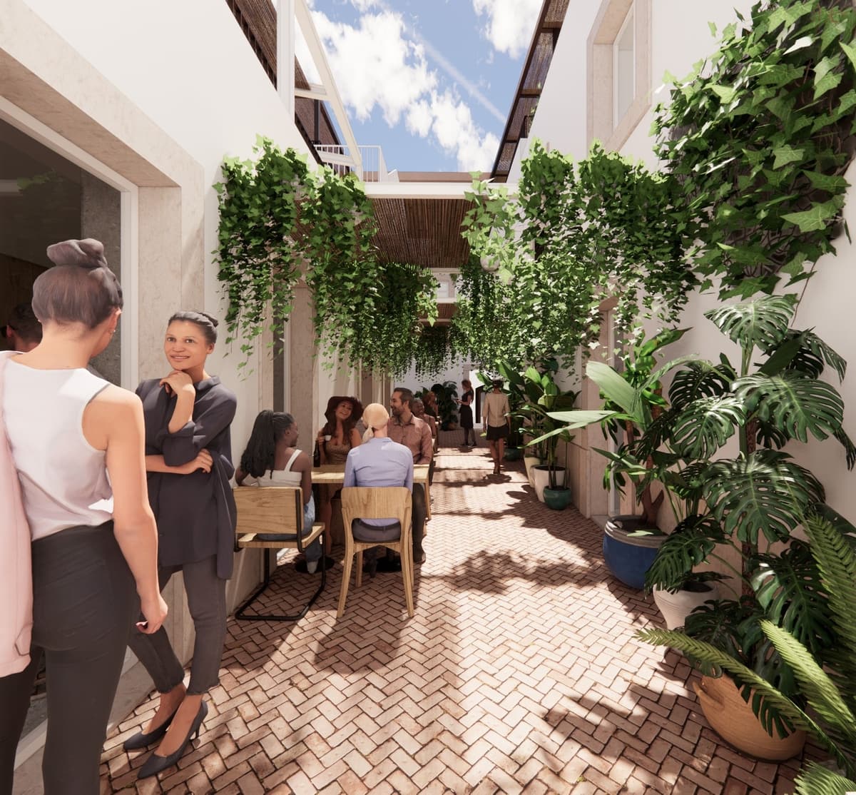 Rendering of a planted courtyard with herringbone brick paving, hanging ivy and people at café tables