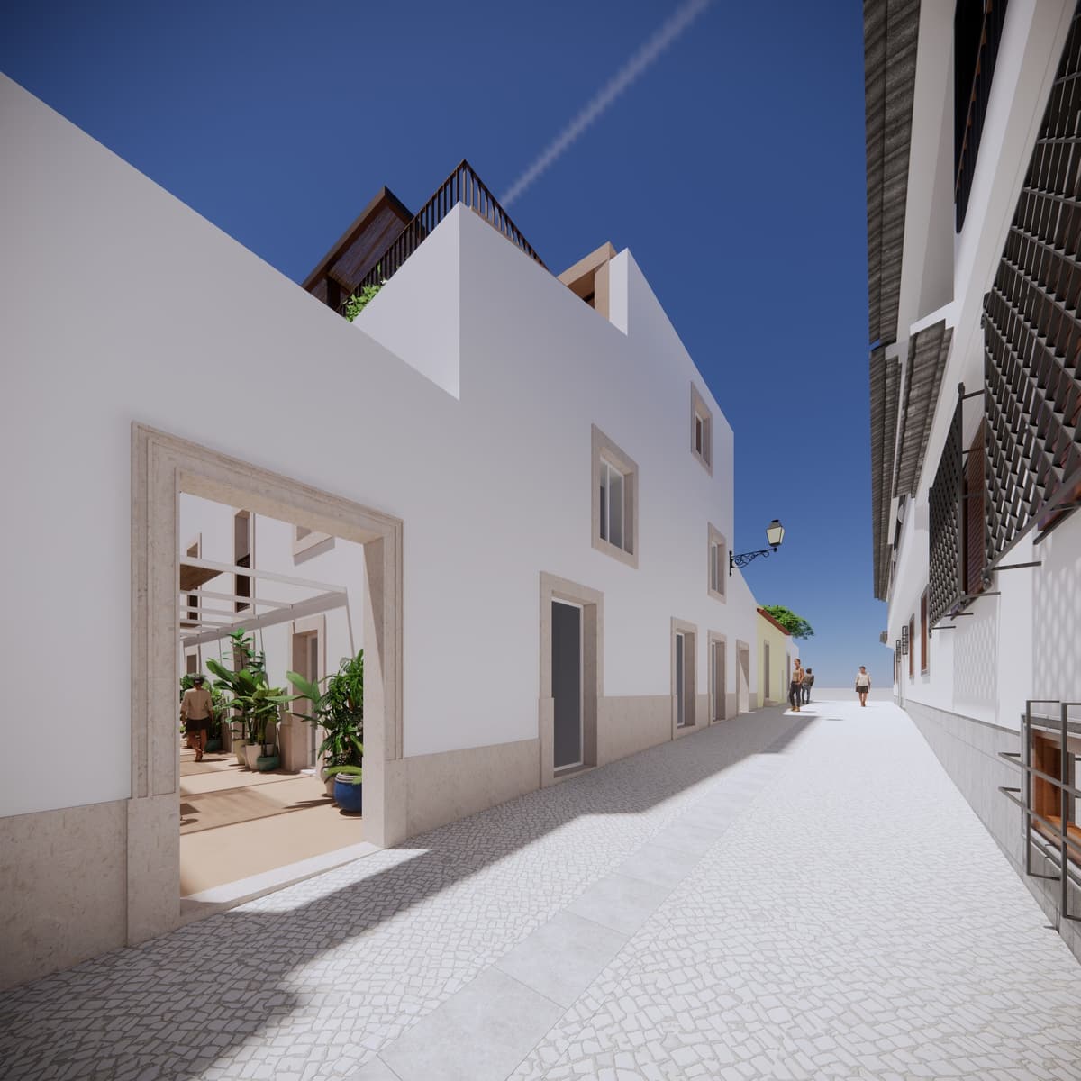 Street-level rendering of the Manufatura side facade in Cascais, with a stone-framed opening to a planted patio