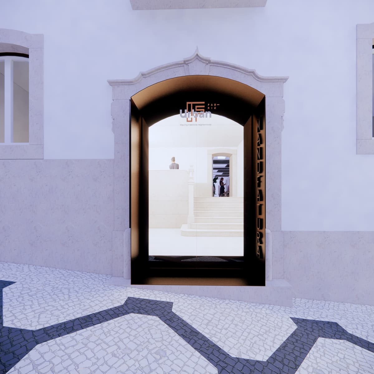 Rendering of the arched stone doorway with a dark metal frame and an interior stair visible beyond