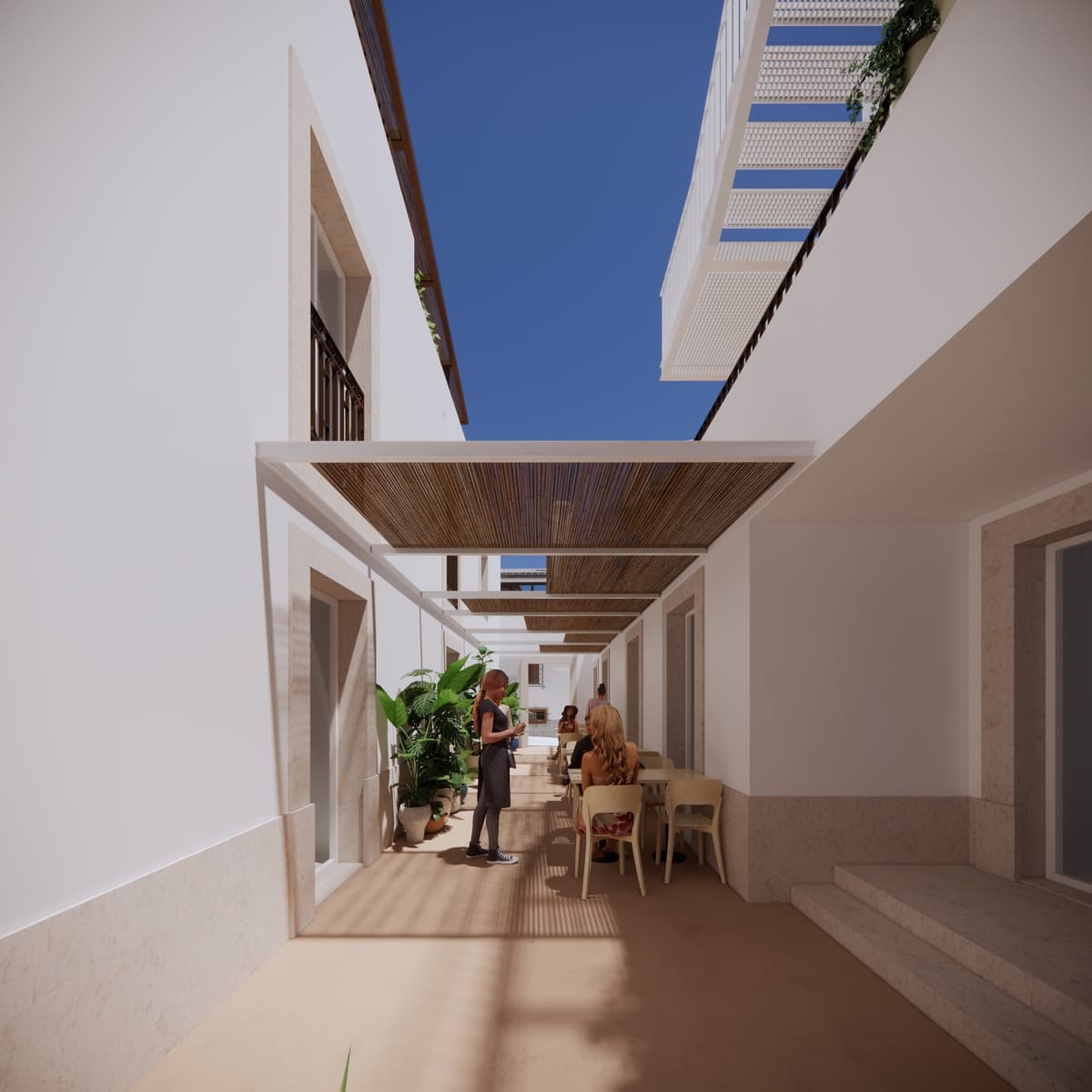 Rendering of a narrow courtyard with reed pergolas, potted plants and people seated at tables