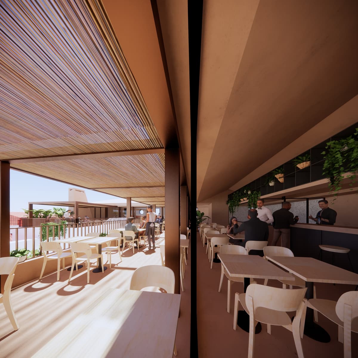 Split rendering of the rooftop extension: a reed-shaded terrace with tables and an interior bar