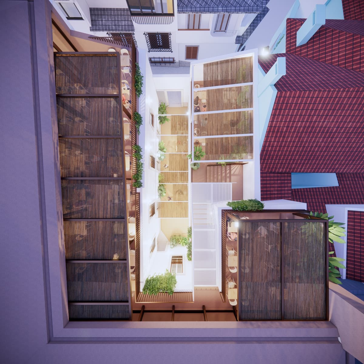 Overhead rendering at dusk looking down into the courtyards, with reed pergolas and terrace tables