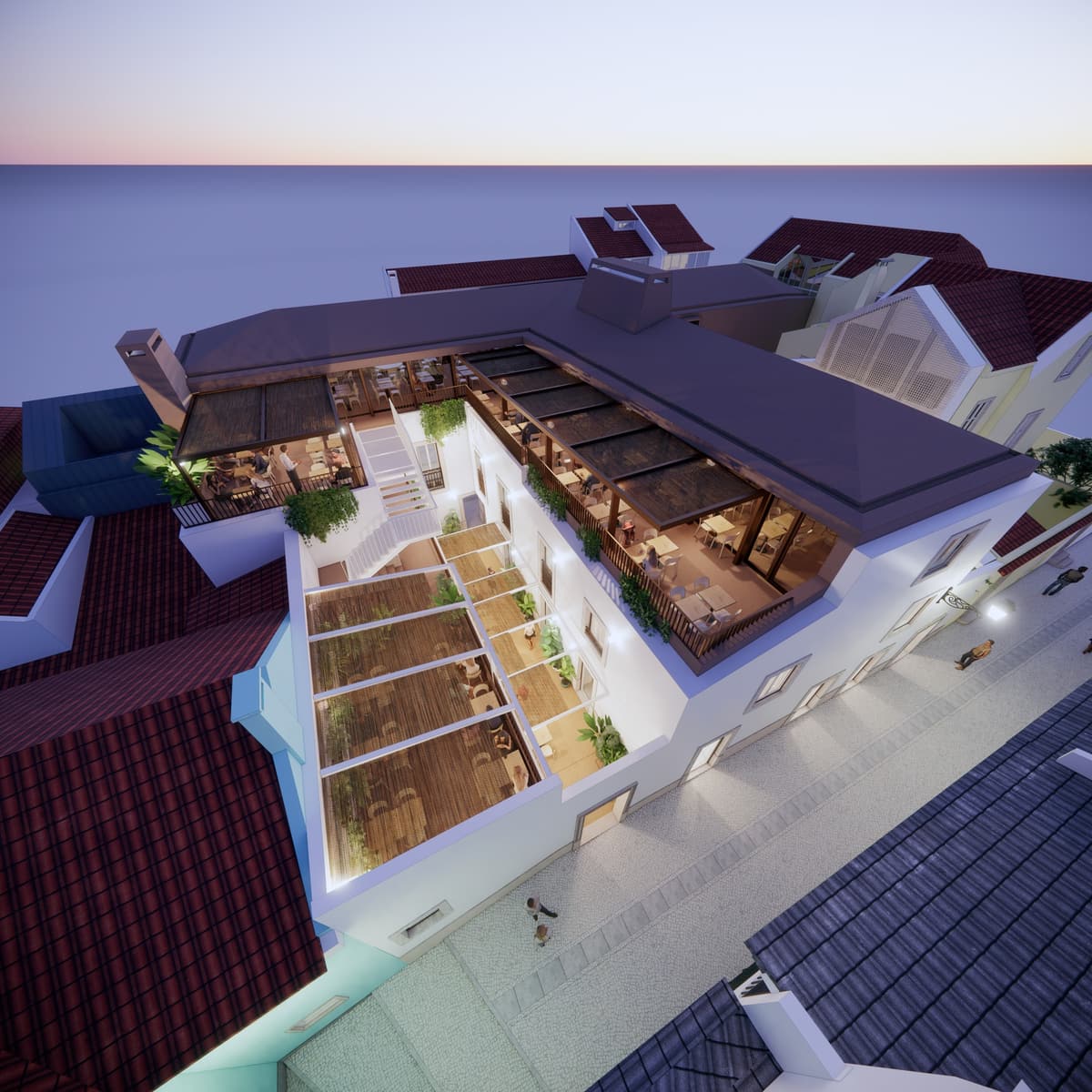 Aerial rendering at dusk of the Manufatura building, showing rooftop terraces and courtyards among tiled roofs