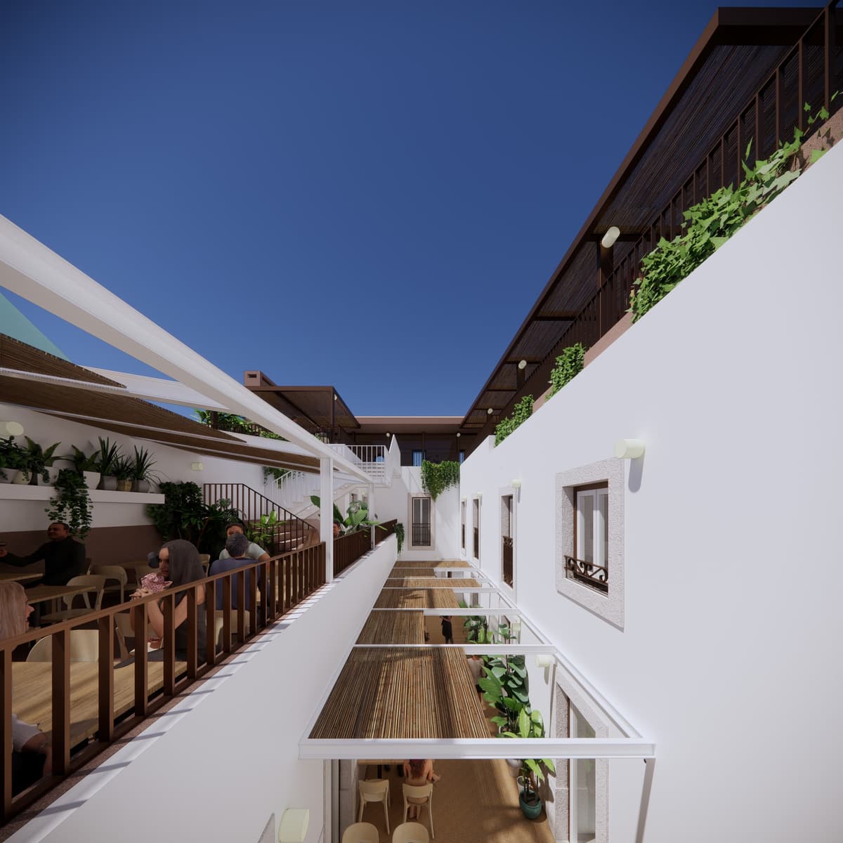 Rendering of the courtyard from an upper terrace, with wooden railings, reed pergolas and white walls