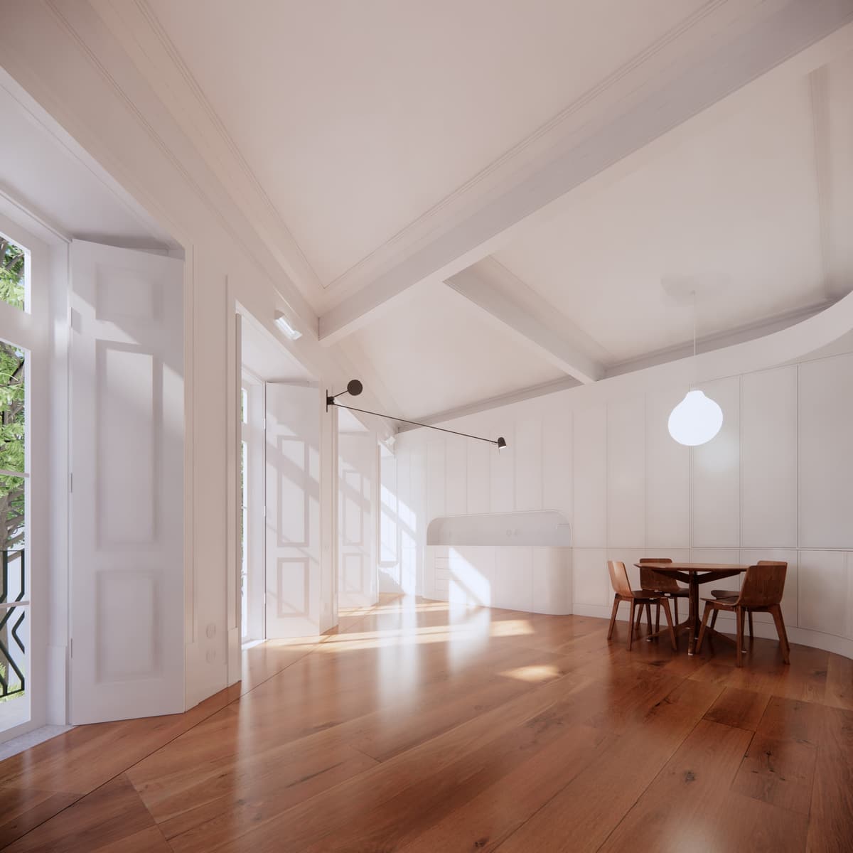 3D rendering of the Monte Olivete living room with timber floor, white panelled cabinetry and a round dining table