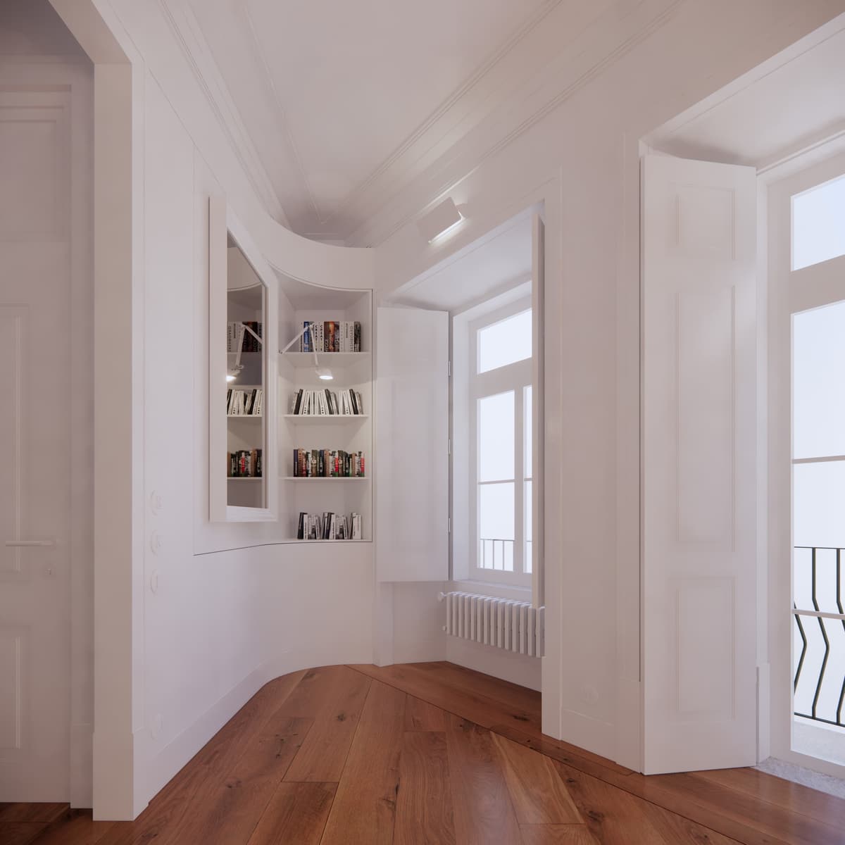 3D rendering of a white room with a curved built-in bookshelf, shuttered tall windows and timber floor, Lisbon