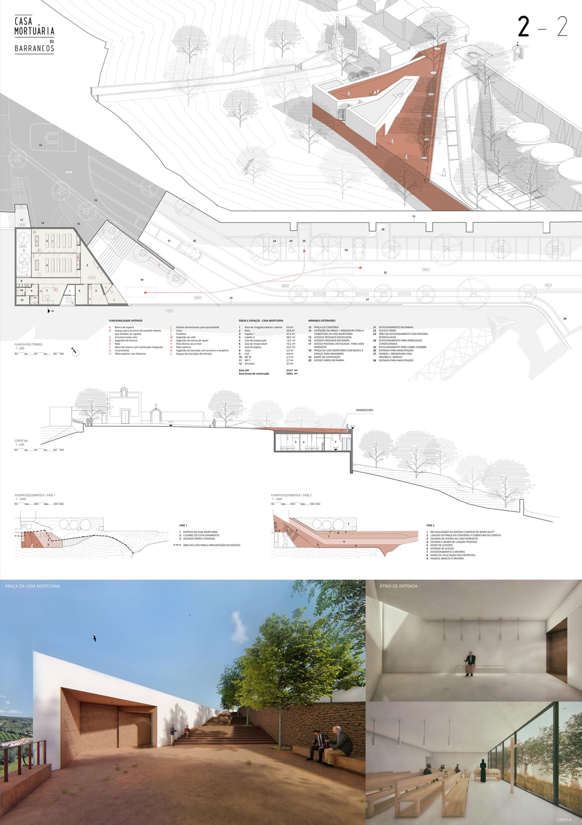 Competition board with axonometric, floor plan, section and renderings of the mortuary house square and chapel