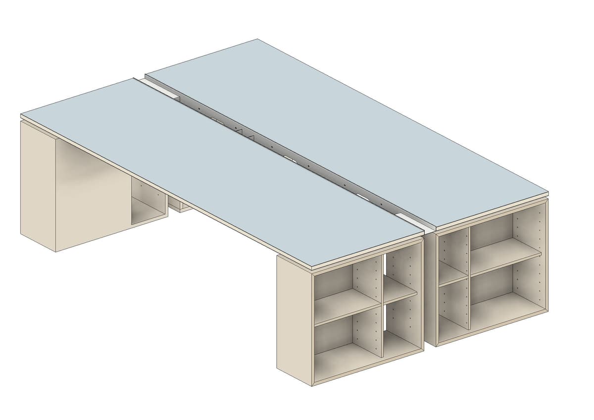 Axonometric drawing of a double desk with grey-blue top, central cable tray and plywood storage units