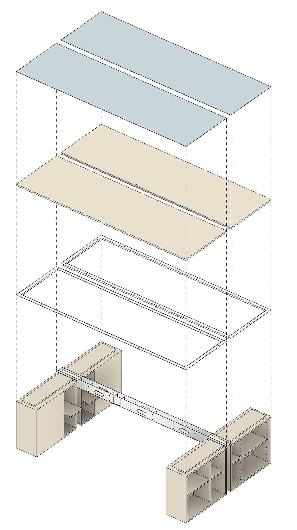 Exploded axonometric drawing of the NOZ desk showing tops, frames, cable beam and storage bases
