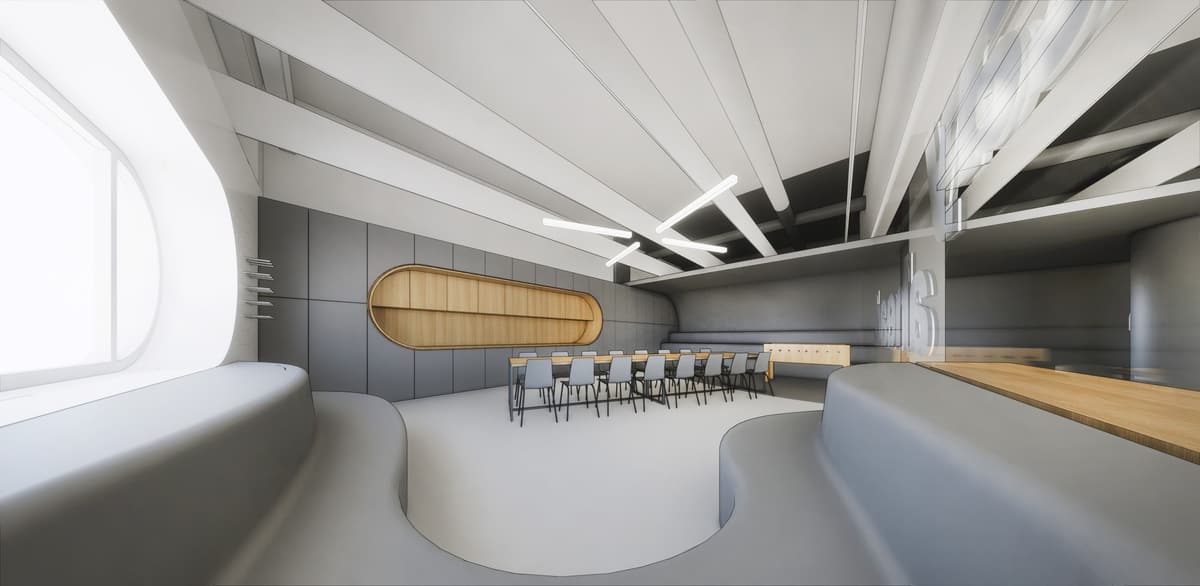 3D rendering of a Lisbon office lounge with curved grey seating, long meeting table and oval wooden shelving niche