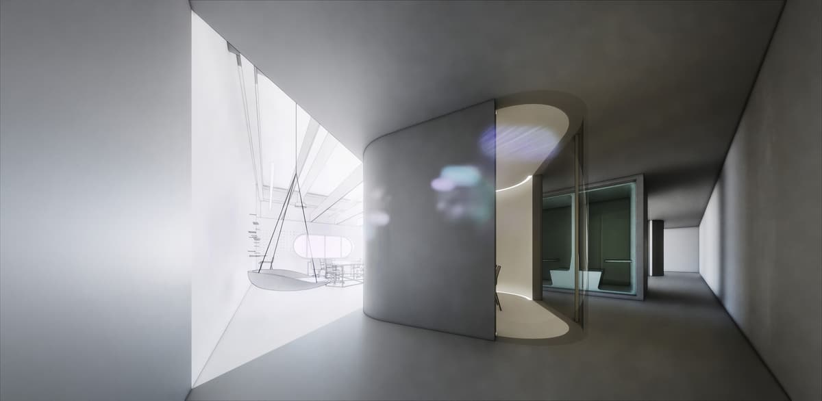 Rendering of a grey office corridor with a curved glass meeting room and a hanging swing seat beyond