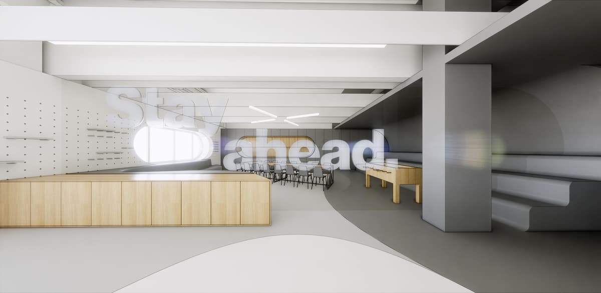 Office rendering with light wood counter, long table and large translucent Stay ahead lettering under white beams