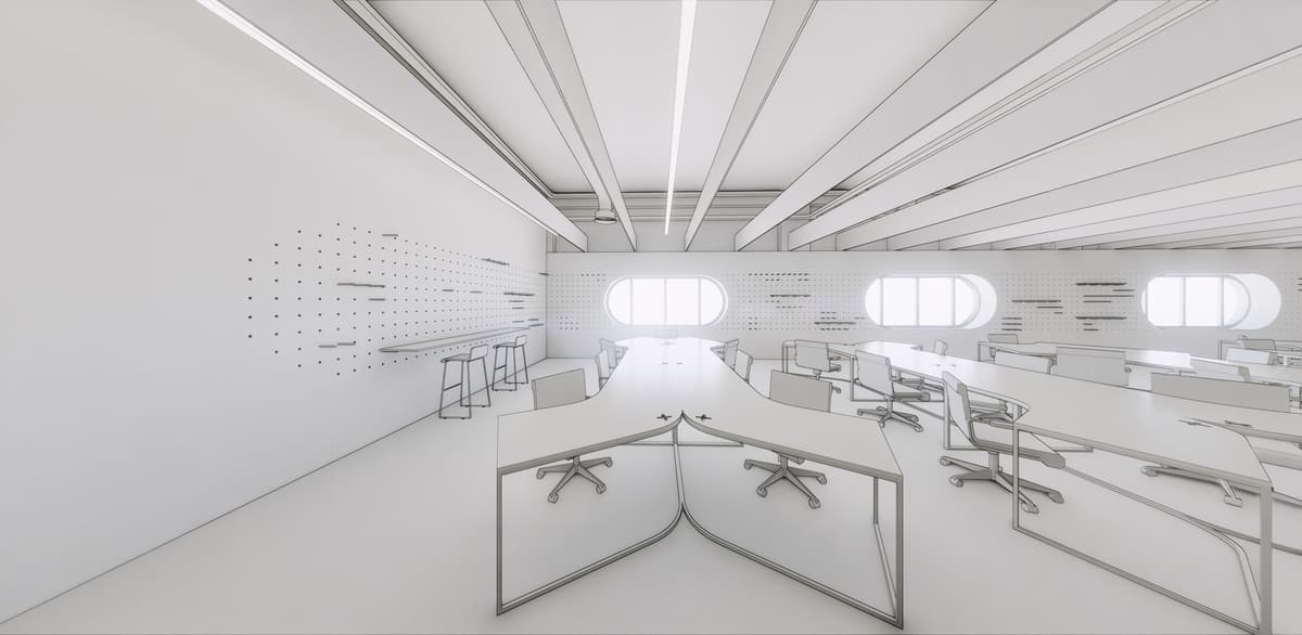 White line rendering of an open-plan workspace with branching desks, pegboard walls and oval windows