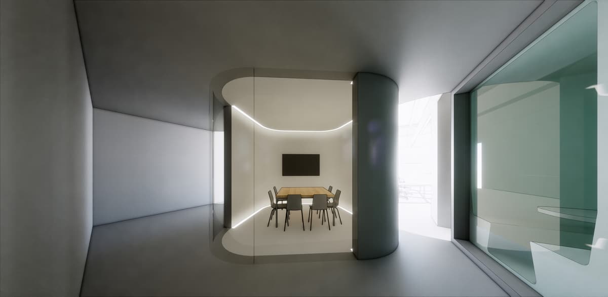 Rendering of a rounded glass meeting room with wooden table, screen and cove lighting off a grey corridor