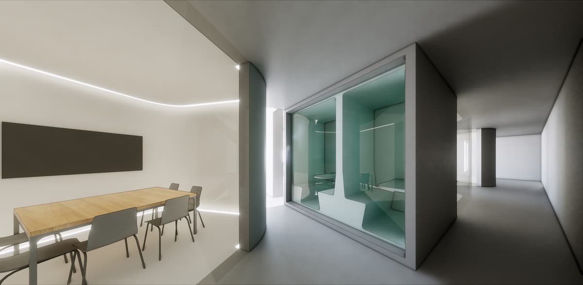 Office rendering of a meeting room with wooden table beside a glazed booth with green-tinted seating pods