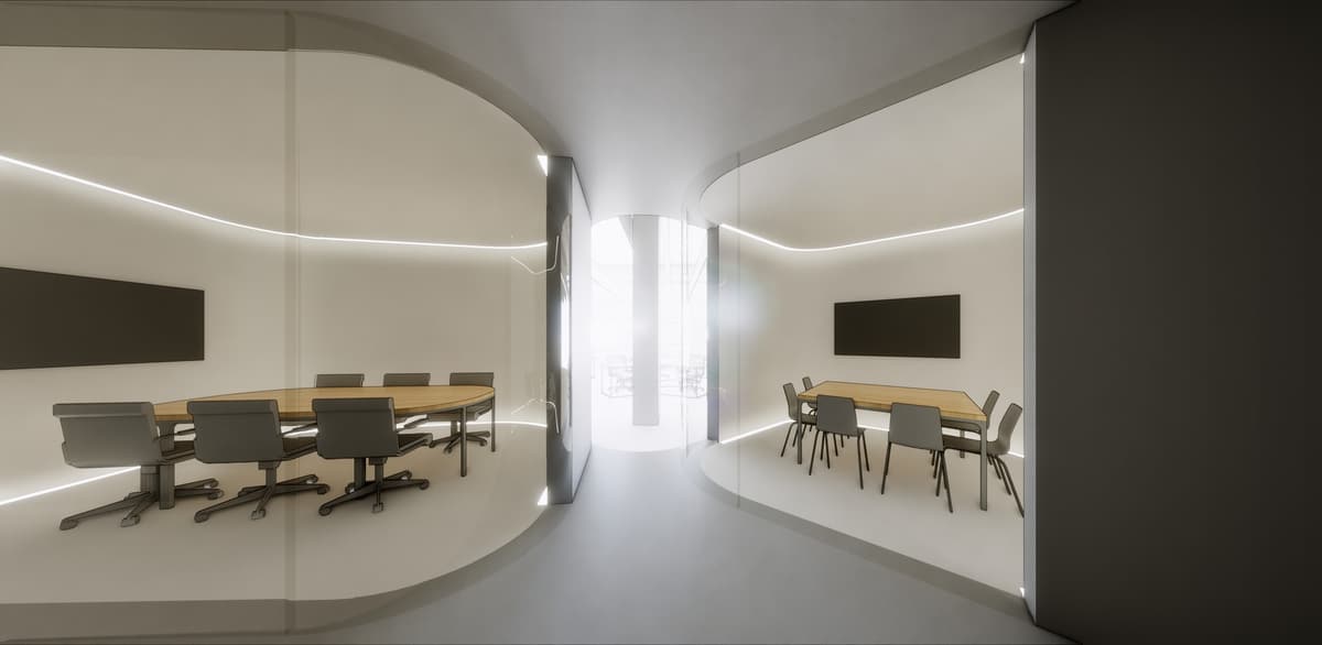 Rendering of two glass-walled meeting rooms with wooden tables and curved light lines either side of a corridor