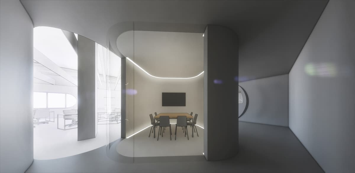 Rendering of a curved glass meeting room with square wooden table and screen, open-plan desks to the left
