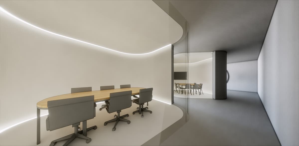 Boardroom rendering with an oval wooden table, grey swivel chairs and a curving light strip along the walls
