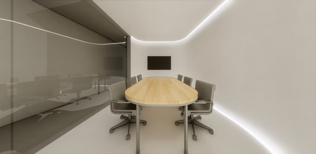 Rendering of a meeting room with oval oak table, grey chairs, wall screen and linear ceiling lighting