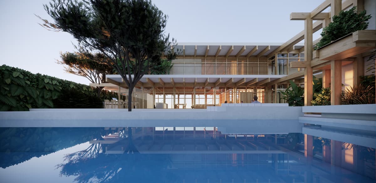 3D rendering at dusk of the Oukumi timber-framed building in Sesimbra reflected in the swimming pool