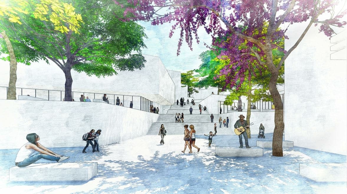 Watercolour-style rendering of a tree-lined square at Parque Mayer with wide steps, people and a guitarist