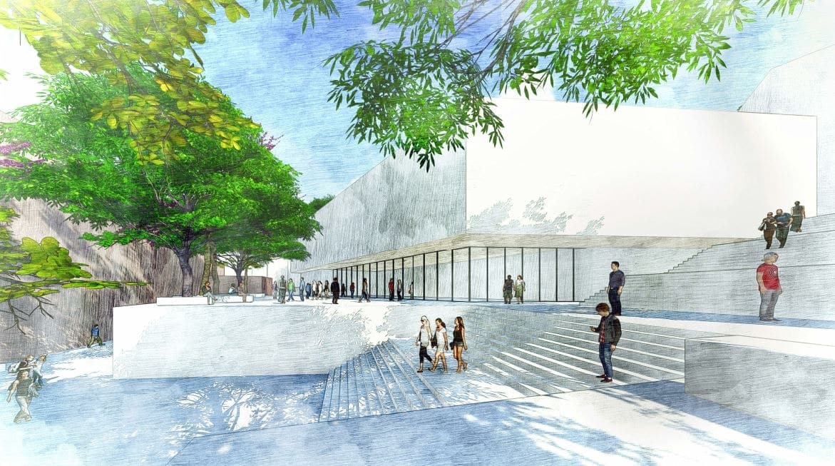 Watercolour-style rendering of a plaza with steps leading to a glazed ground floor beneath white volumes