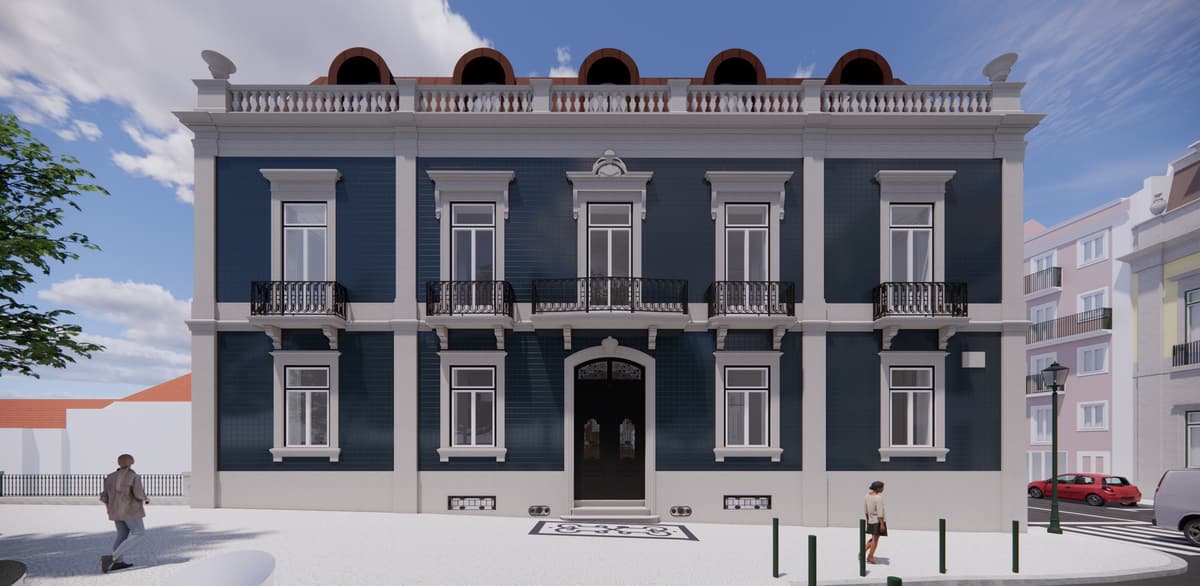 Rendering of the Príncipe Real 19 facade with dark blue ceramic tiles, stone frames and copper roof dormers