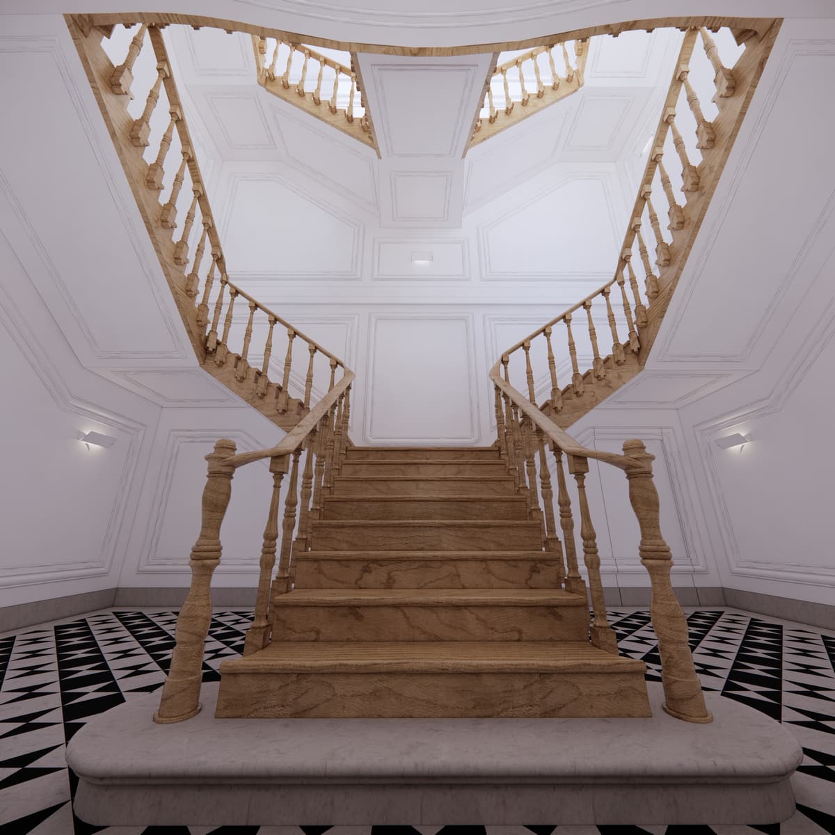 Rendering of a double wooden staircase with turned balusters rising from a black and white geometric floor
