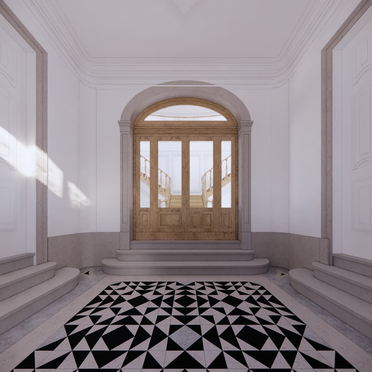 Rendering of the entrance hall with stone steps, a patterned floor and a glazed wooden door to the stair