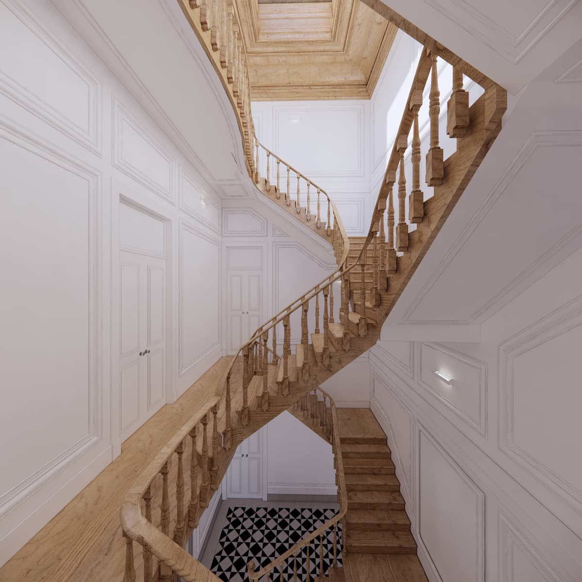 Rendering looking up the wooden staircase through a white panelled stairwell toward a coffered ceiling