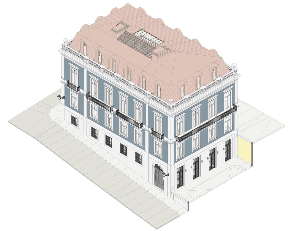 Axonometric drawing of the corner building with blue facades, iron balconies and a copper roof with dormers
