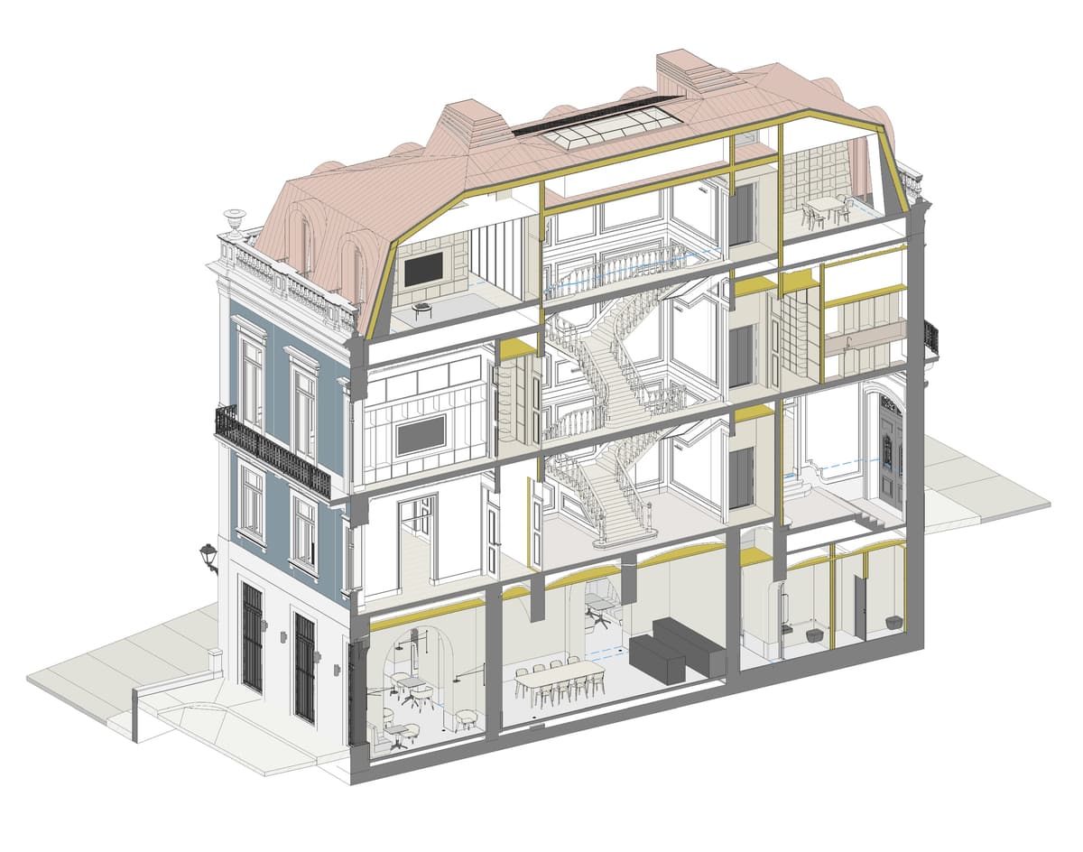 Cutaway axonometric section showing the floors, central staircase and rooms of the Príncipe Real building