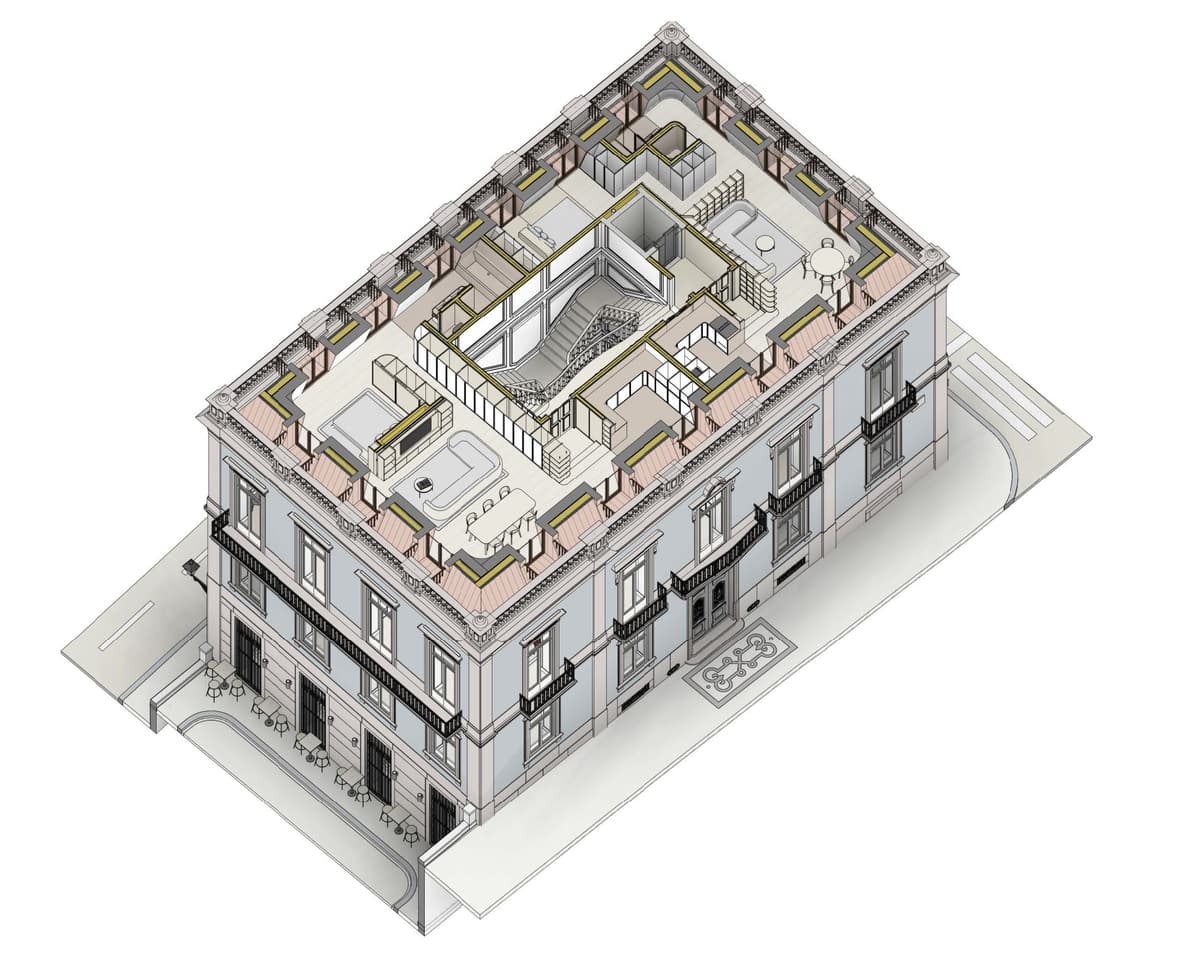 Cutaway axonometric of the top floor under the roof, with the stairwell and furnished apartments