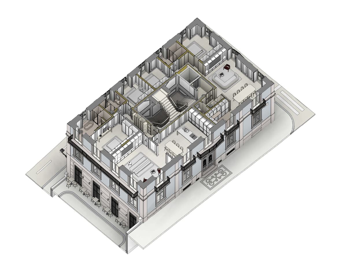 Cutaway axonometric of an upper floor with apartments around the central staircase above street-level terraces