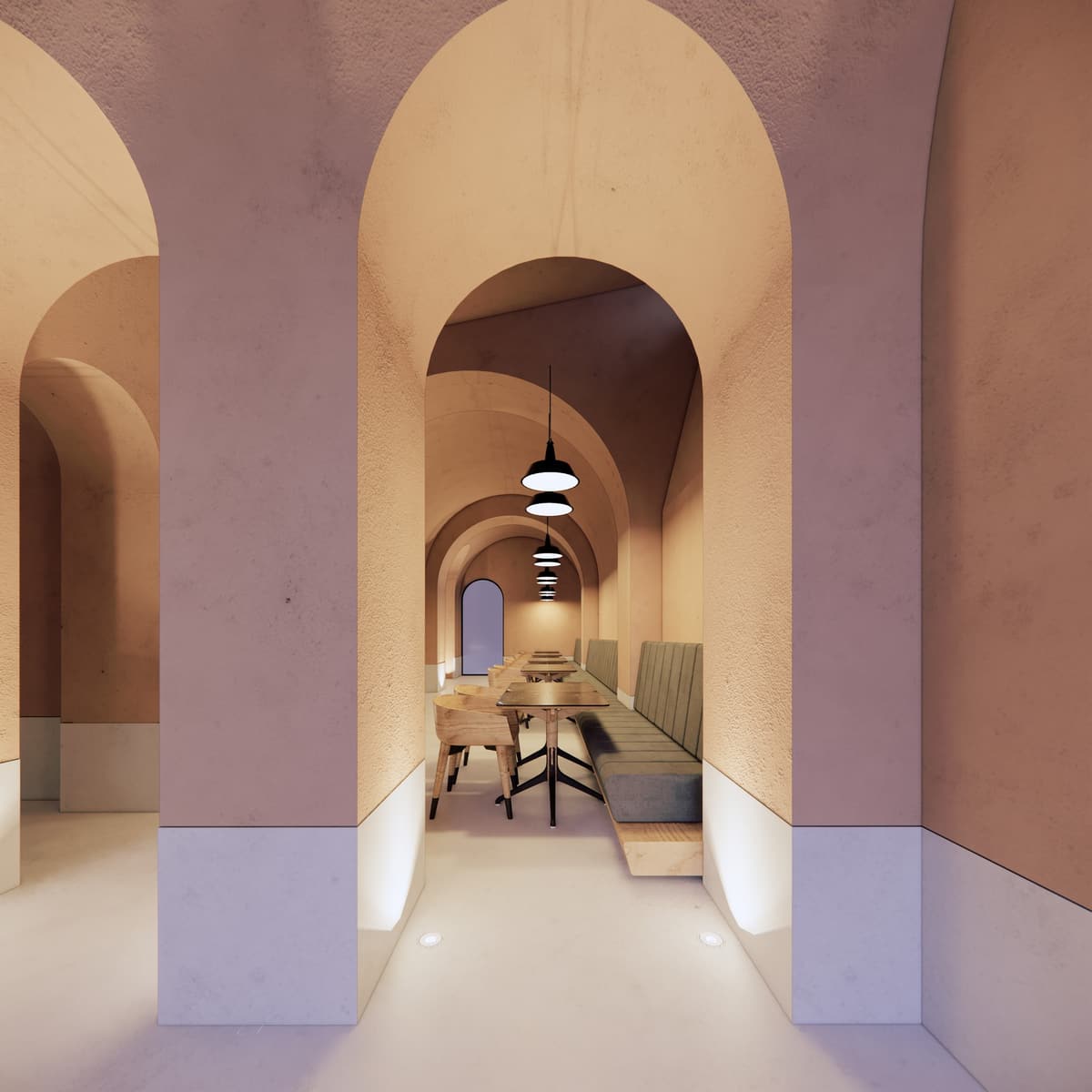 Rendering of the Príncipe Real restaurant with clay-toned arches framing tables, banquette and pendants