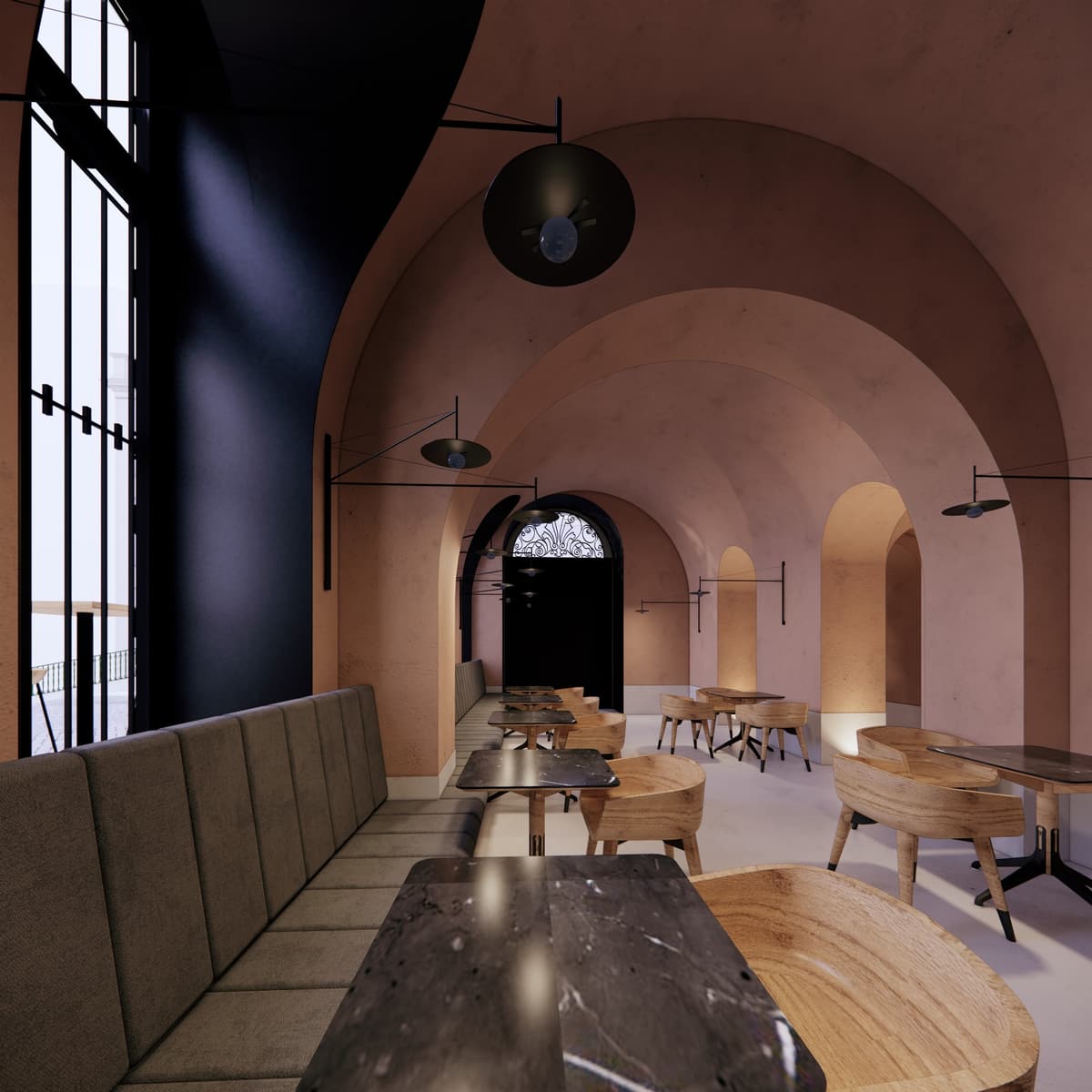 Rendering of the dining room under clay-toned vaults, with banquette, wooden chairs and a tall window