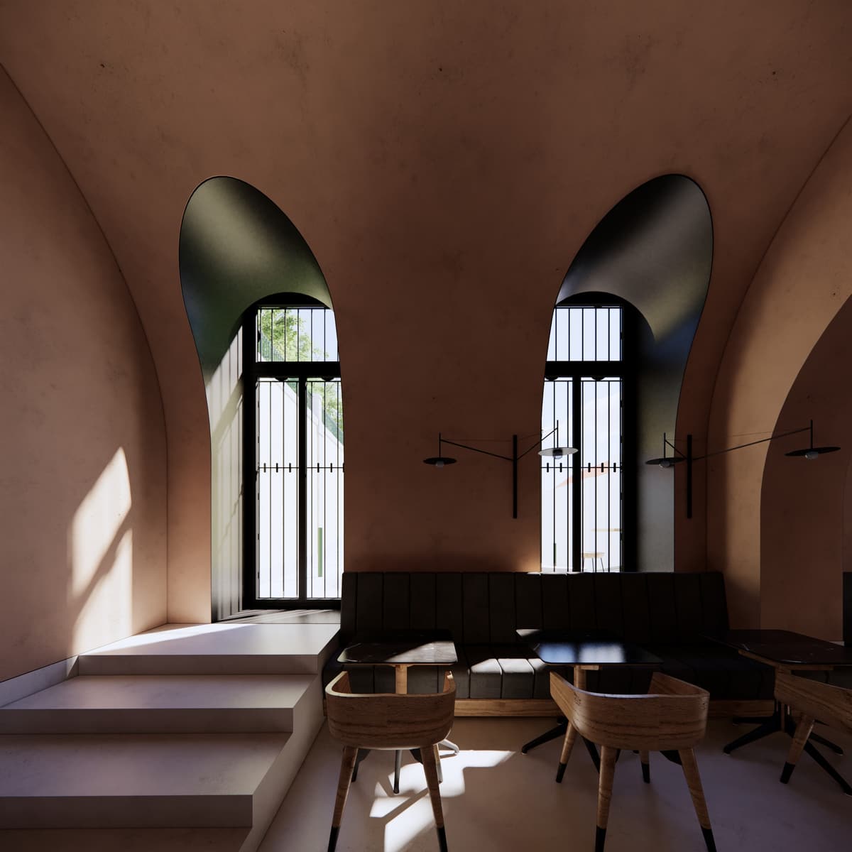 Rendering of a vaulted clay-toned room with two tall arched windows, banquette seating and steps