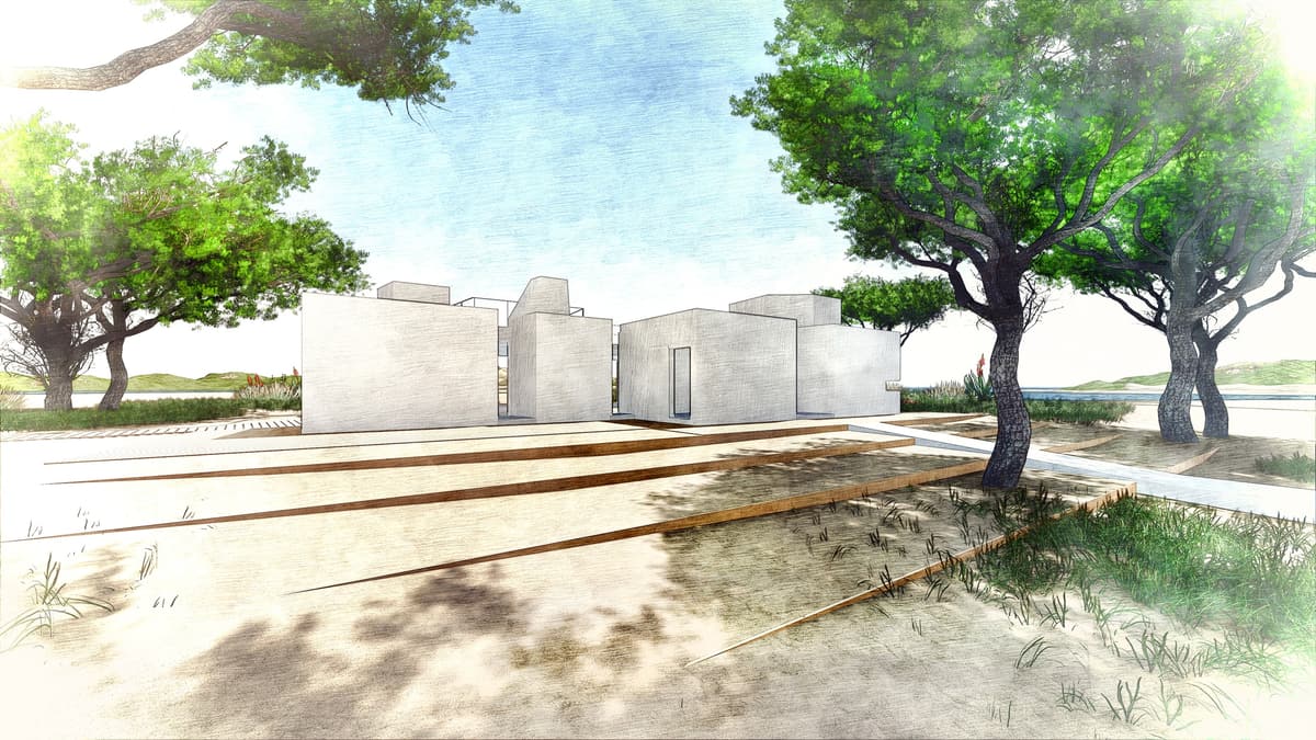 Sketch-style rendering of the white beach cabanas among pine trees, with timber-edged sand terraces