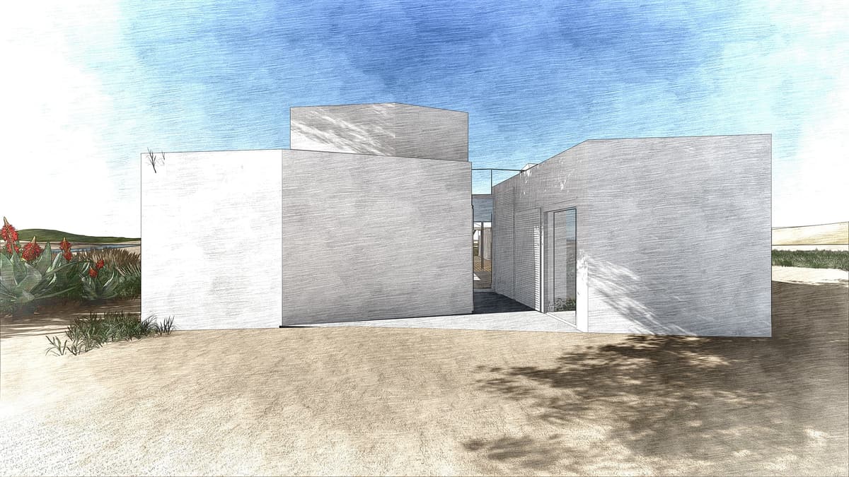 Sketch-style rendering of white cabana volumes on sand, with a narrow passage and perforated screens